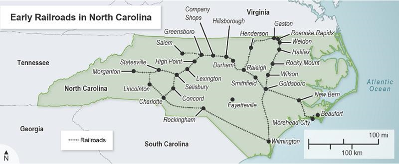 This map shows transportation routes in North Carolina in the 1800s. How does the-example-1