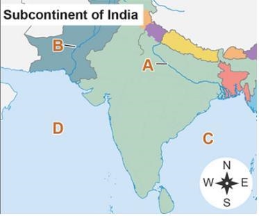 The map shows the Indian subcontinent. A map titled Subcontinent of India with labels-example-1