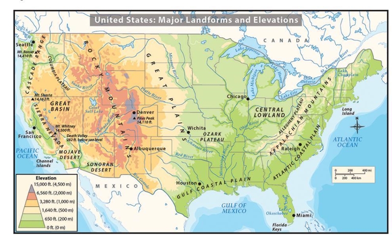 According to the map, would mountain climbers go east or west of the Great Plains-example-1