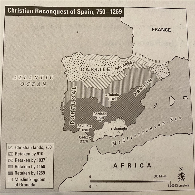 According to the map, Christians won back A) areas from south to north. B) the peninsula-example-1