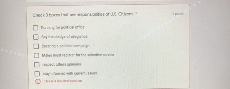 Check the three boxes that are responsibilities of a US citizen-example-1