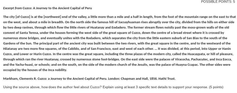 DUe AT 11:59 tonight! Question: how did the author feel about cusco? It's a city in-example-1