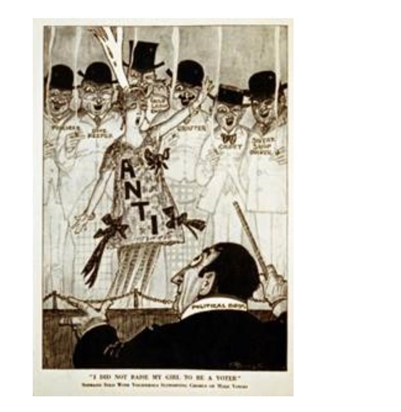 This political cartoon depicts a woman who is singing an anti-suffrage song. Its caption-example-1