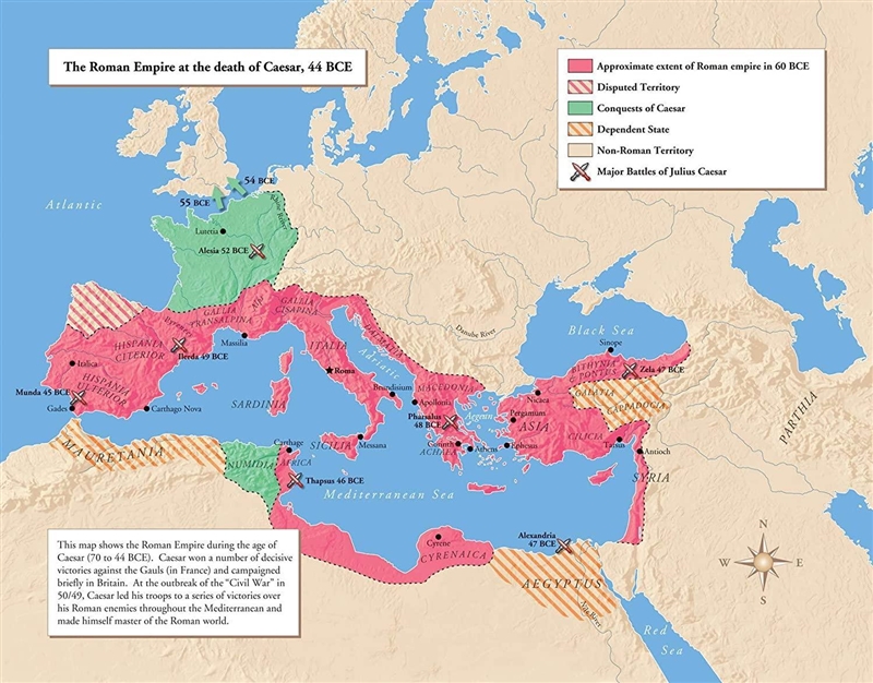 According to the map in the previous slide, how many major battles did Julius fight-example-1