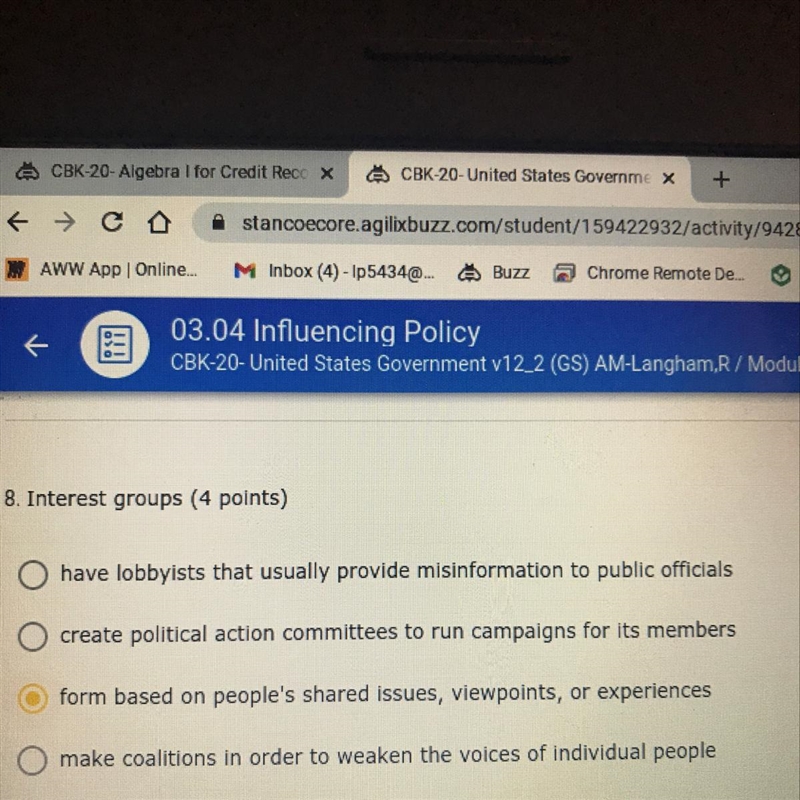 Interest groups (4 points) have lobbyists that usually provide misinformation to public-example-1