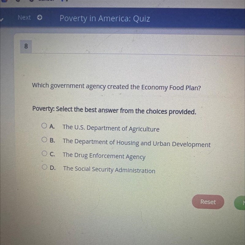 Which wernment agency created the economy Food Plan Poverty: Select the best answer-example-1