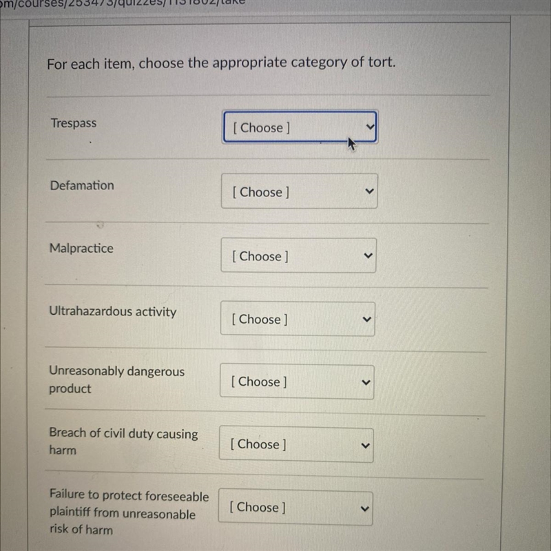 For each item choose the appropriate category of tort Choices: Negligence Strict liability-example-1