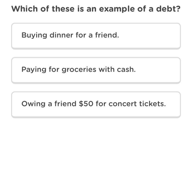 I need help what is a example of debt.-example-1