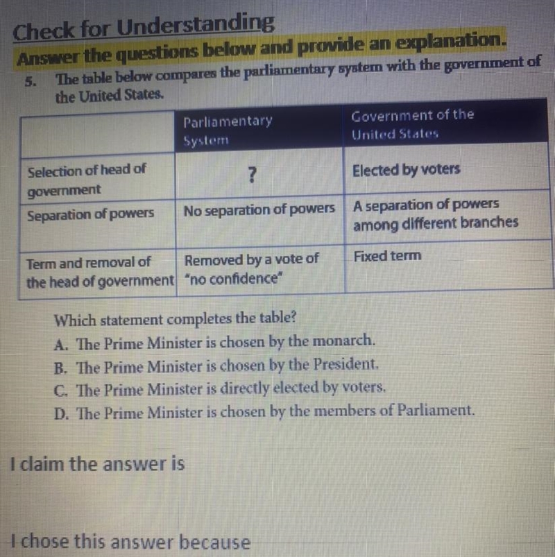 LGISLALIM Which statement completes the table? A. The Prime Minister is chosen by-example-1