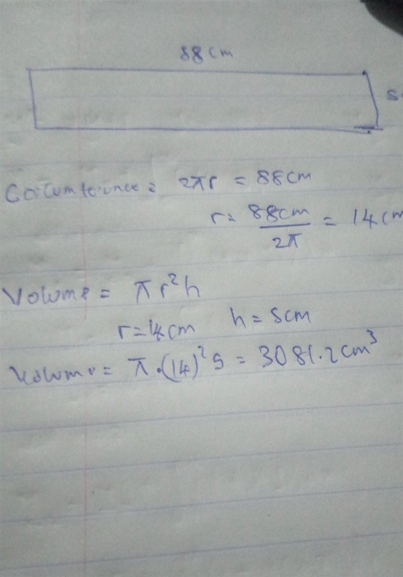 a rectangular sheet of paper of dimensions 88cm by 5 cm is rolled along the length-example-1