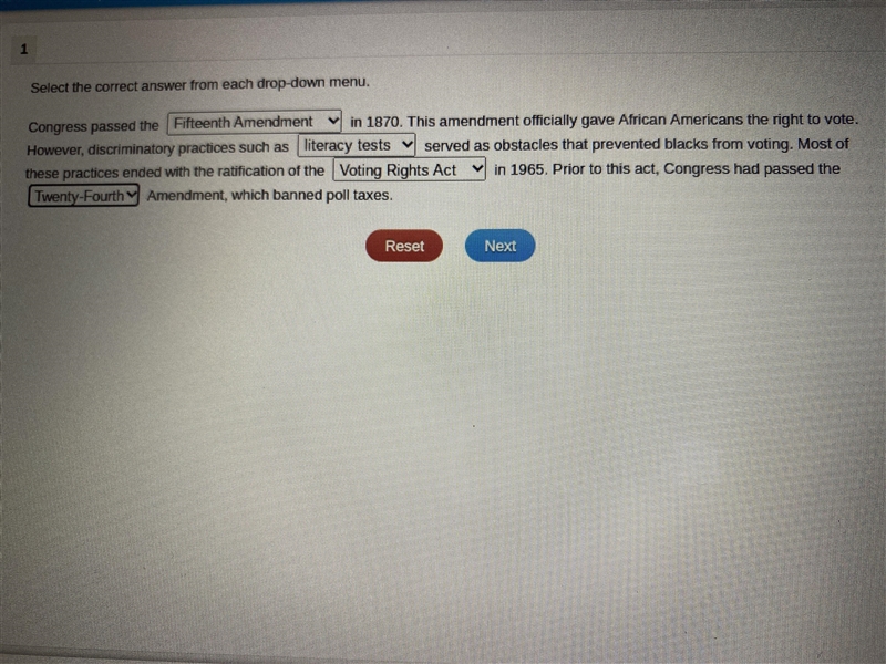 PLEASE HELP!! Congress passed the___ in 1870. This amendment officially gave African-example-1