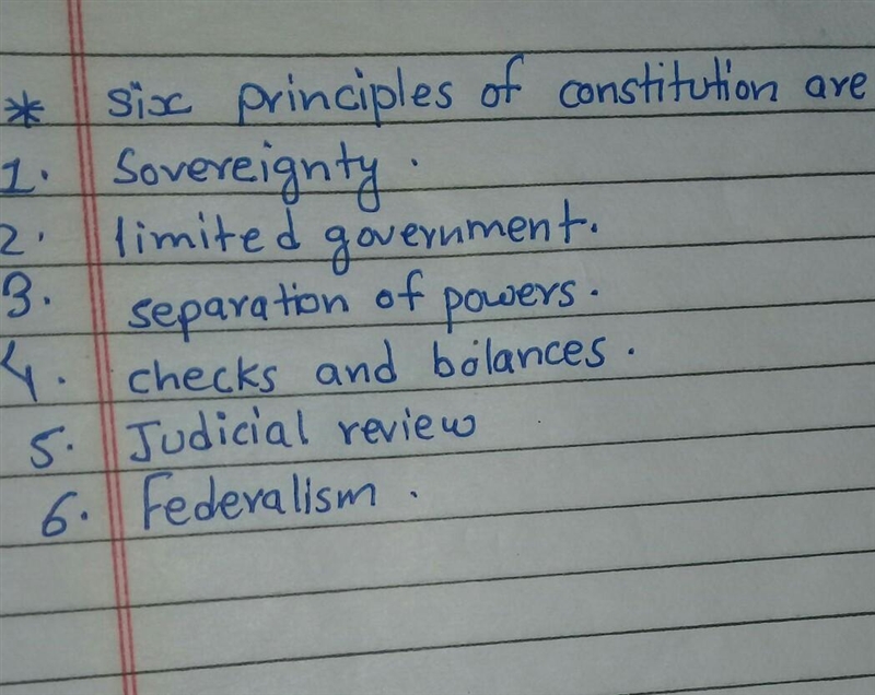 LIST the 6 principles of the Constitution THEN give a brief sentence of what they-example-1