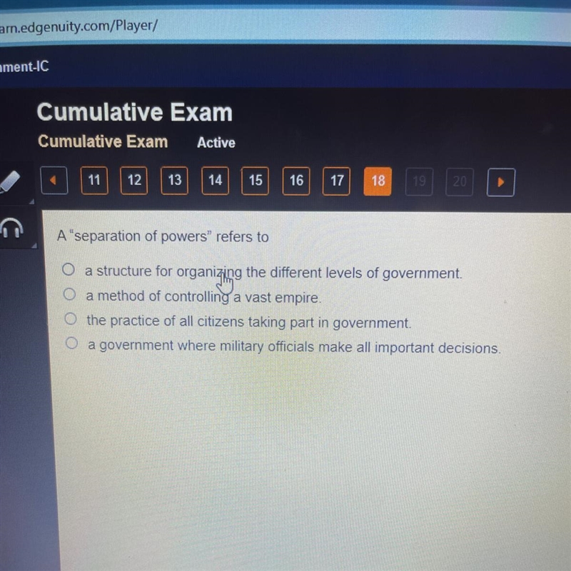 A "separation of powers" refers to-example-1