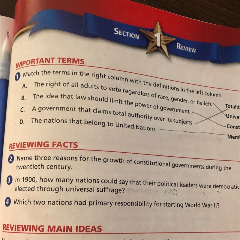 Name three reasons for the growth of constitutional governments during the twentieth-example-1