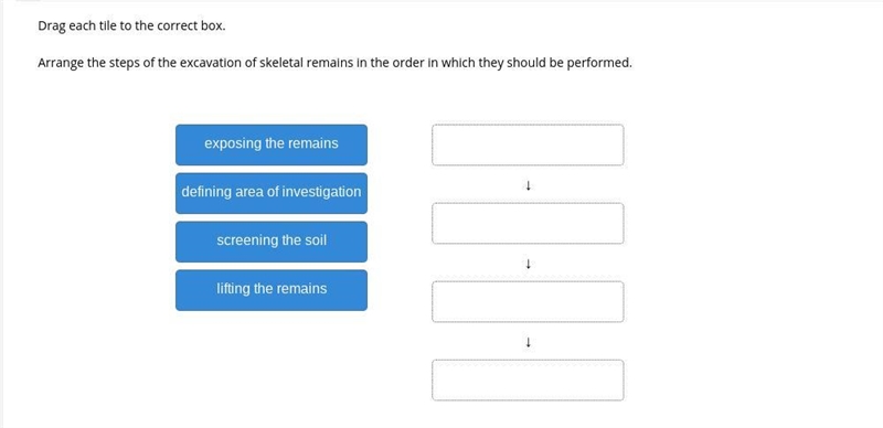 Drag each tile to the correct box. Arrange the steps of the excavation of skeletal-example-1
