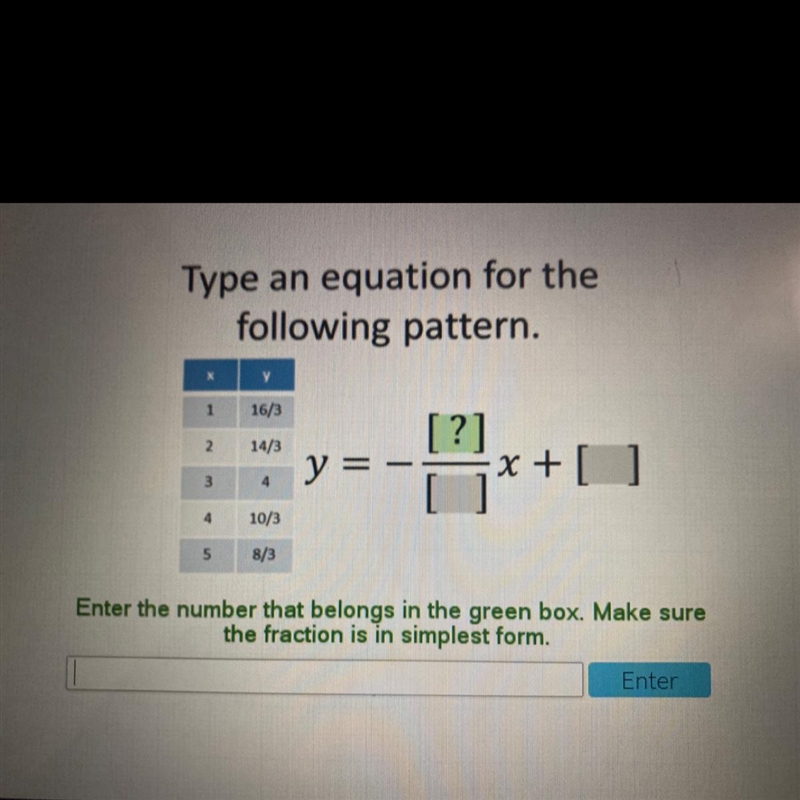 Type an equation for the following pattern. X у 1 16/3 2. 14/3 [?] x + [ ] y = 3 4 4 10/3 5 8/3-example-1