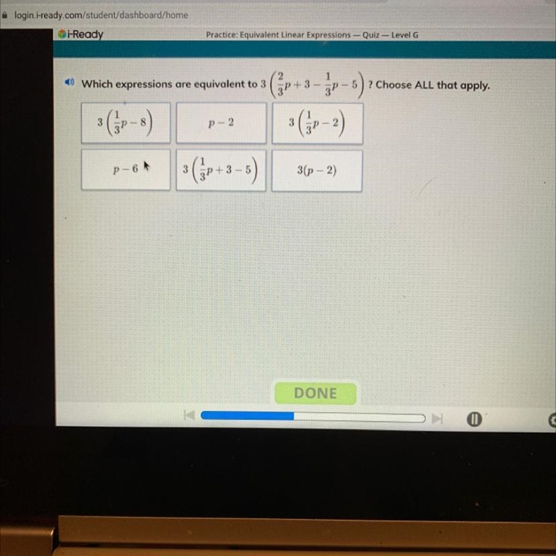 Which Expressions are equivalent to: 3(2/3p + 3 - 1/3p - 5) Picture is provided-example-1