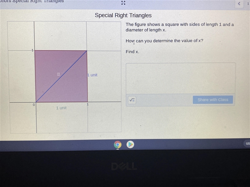 The figure shows a square with sides of length 1 and a diameter of length x. How can-example-1