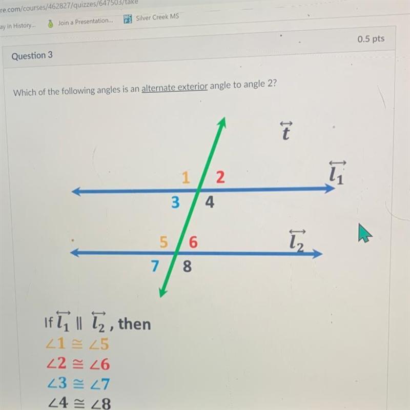 Which of the following angles is an alternate ne angle to angle 7 1 2 ī 3 4 5/6 7 8 vīlī-example-1