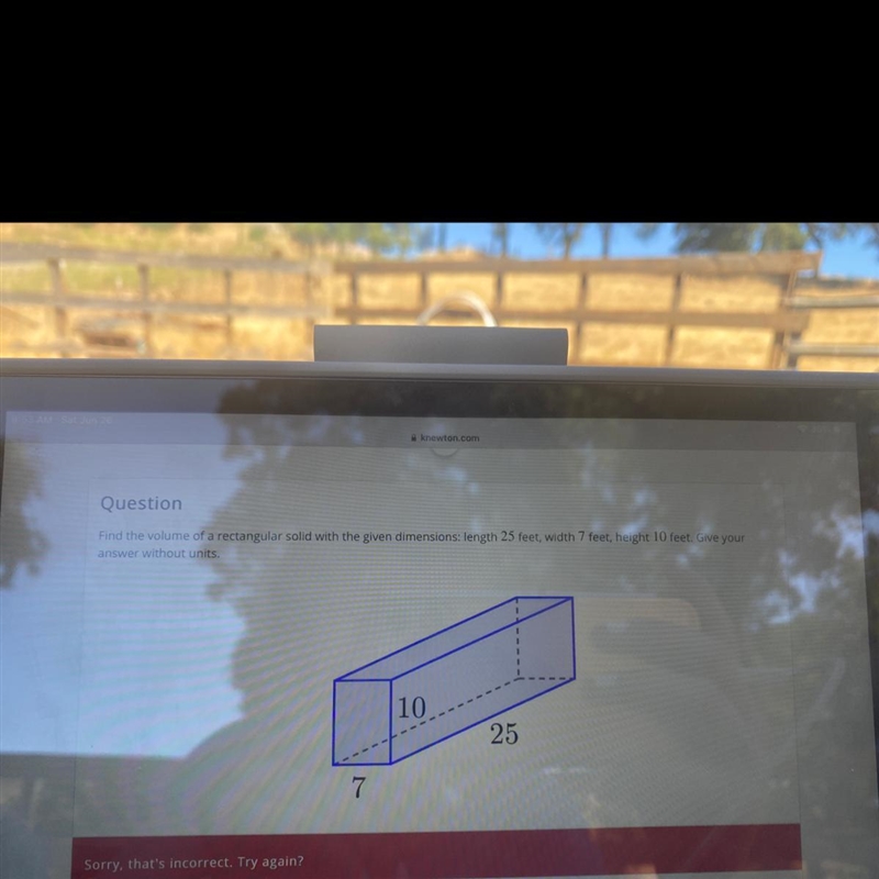 Question Find the volume of a rectangular solid with the given dimensions: length-example-1