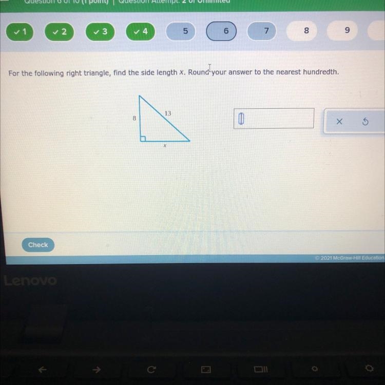 For the following right triangle, find the side length x. Round your answer to the-example-1