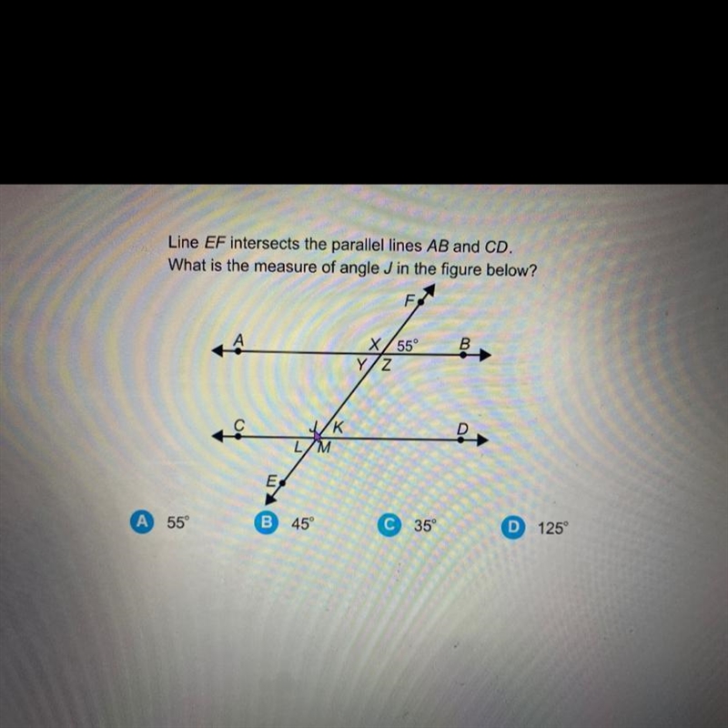 Line EF intersects the parallel lines AB and CD. What is the measure of angle J in-example-1