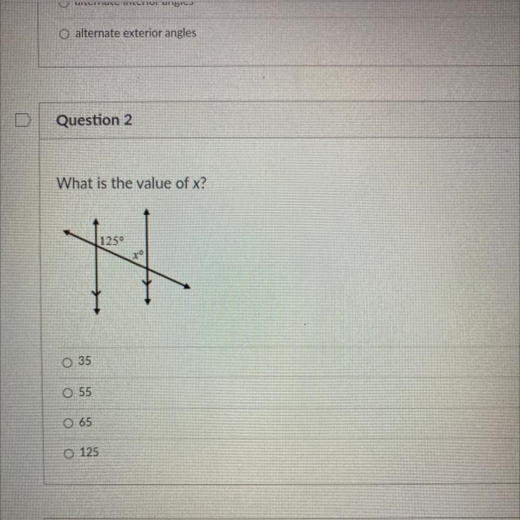 What is the value of x? 125° O 35 O 55 O 65 O 125-example-1