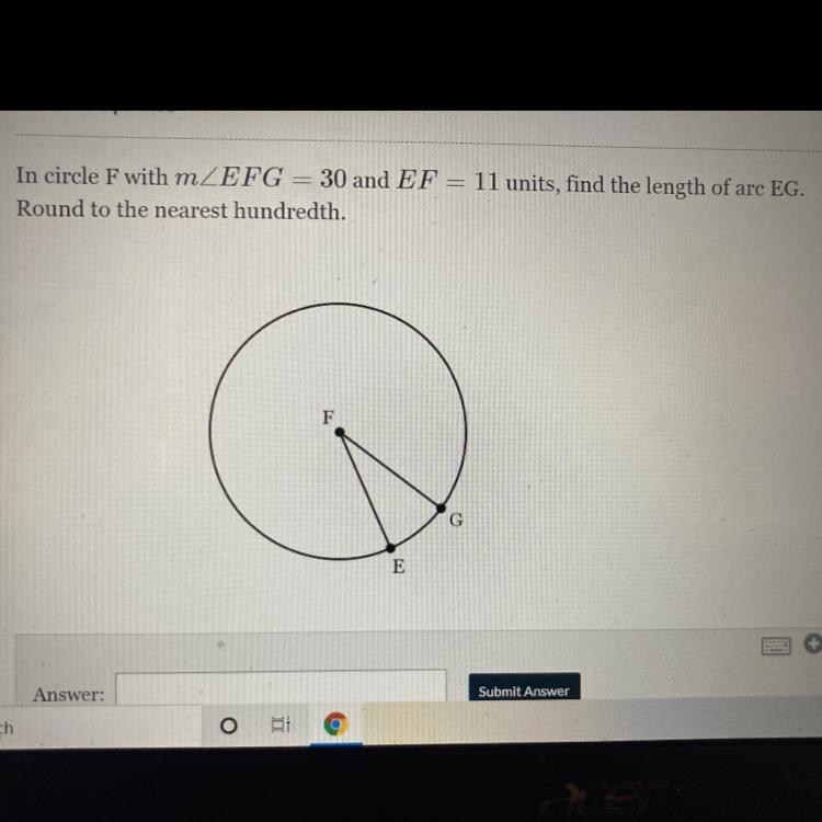 In circle F with mZEFG = 30 and EF = 30 and EF = 11 units, find the length of arc-example-1