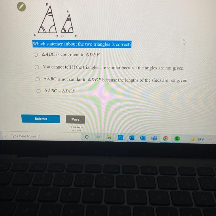 Which statement about the two triangles is this correct-example-1