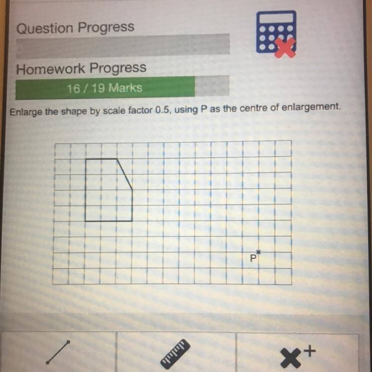 Please can you help Enlarge the shape by scale factor 0.5, using P as the centre of-example-1