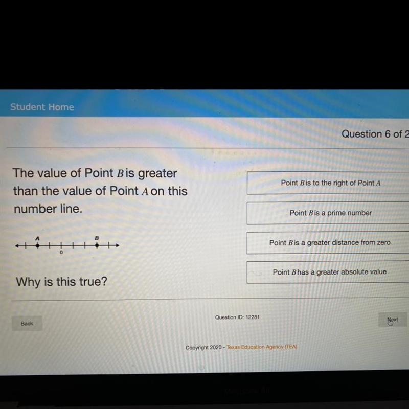 The value of point B is greater than the value of point A in this number line.Why-example-1