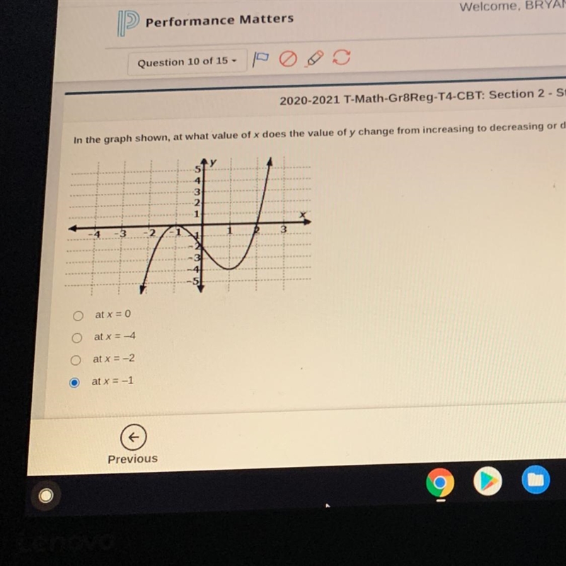 In the graph shown, at what value of x does the value of y change from increasing-example-1