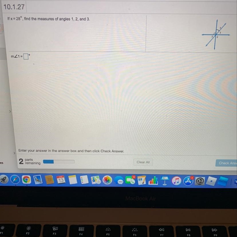 If x=28°, find the measures of angles 1, 2, and 3.-example-1