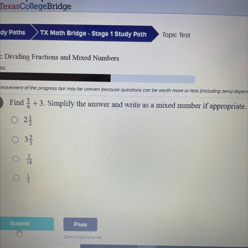 Find 5/6 divided by 3. Simplify the answer and write as a mixed number if appropriate-example-1