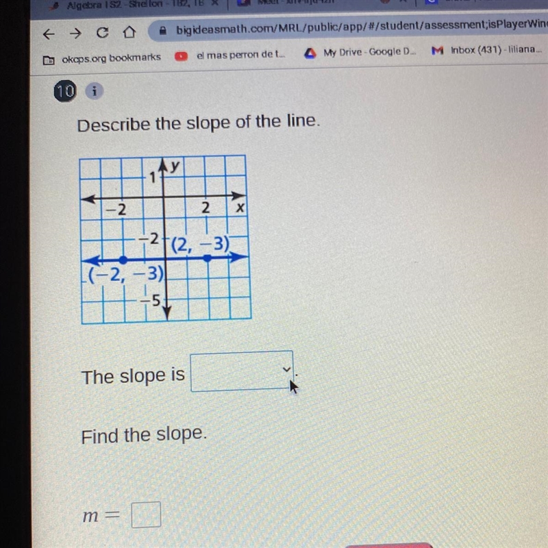 Describe the slope of the line. -2 2 х +2+(2, -3) (-2, -3) The slope is Find the slope-example-1