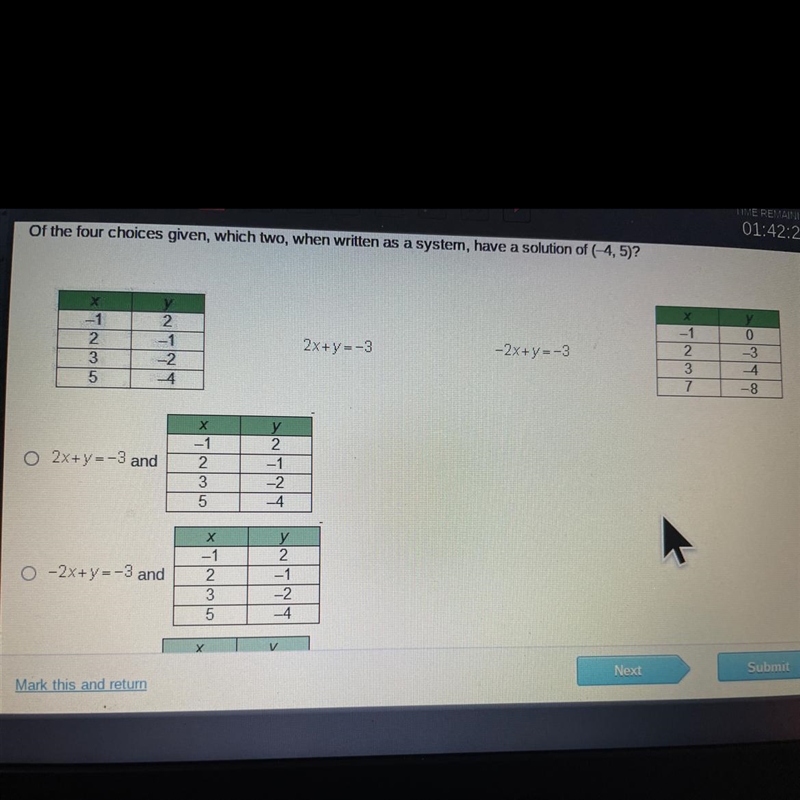 Of the four choices given, which two, when written as a system, have a solution of-example-1