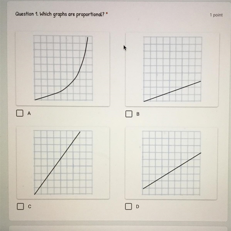 Which graphs are proportional? A. B. C. D.-example-1