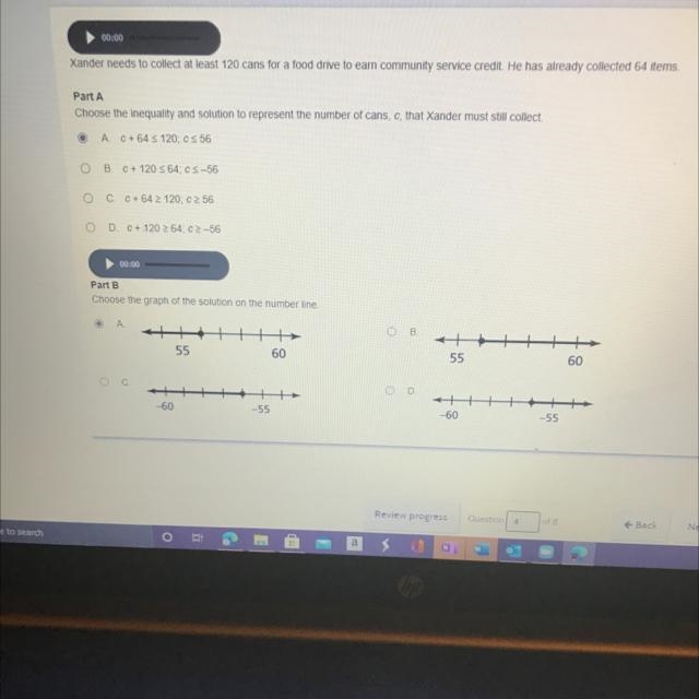 Part A choose the inequality and solution to represent the number of cans, c, that-example-1