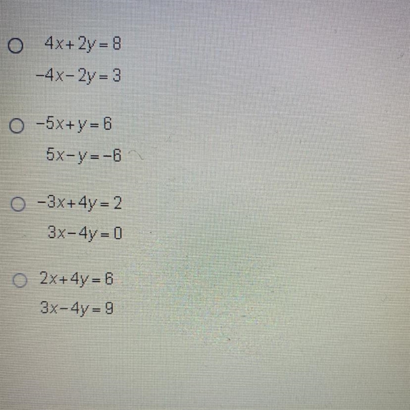 Which system of equations has only one solution?-example-1