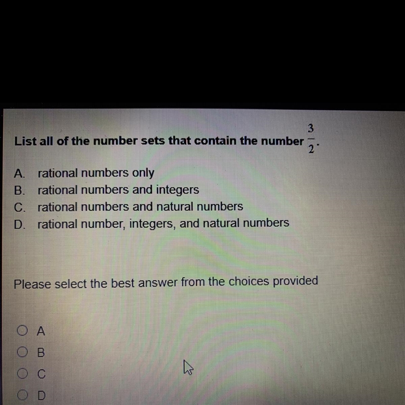 3 over 2 List all of the number sets that contain the number А. rational numbers only-example-1