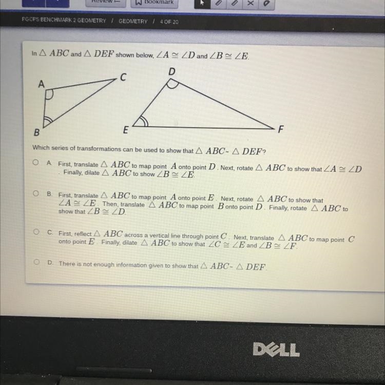 WHICH SERIES OF TRANSFORMATIONS CAN BE USED TO SHOW THAT ABC~DEF?-example-1