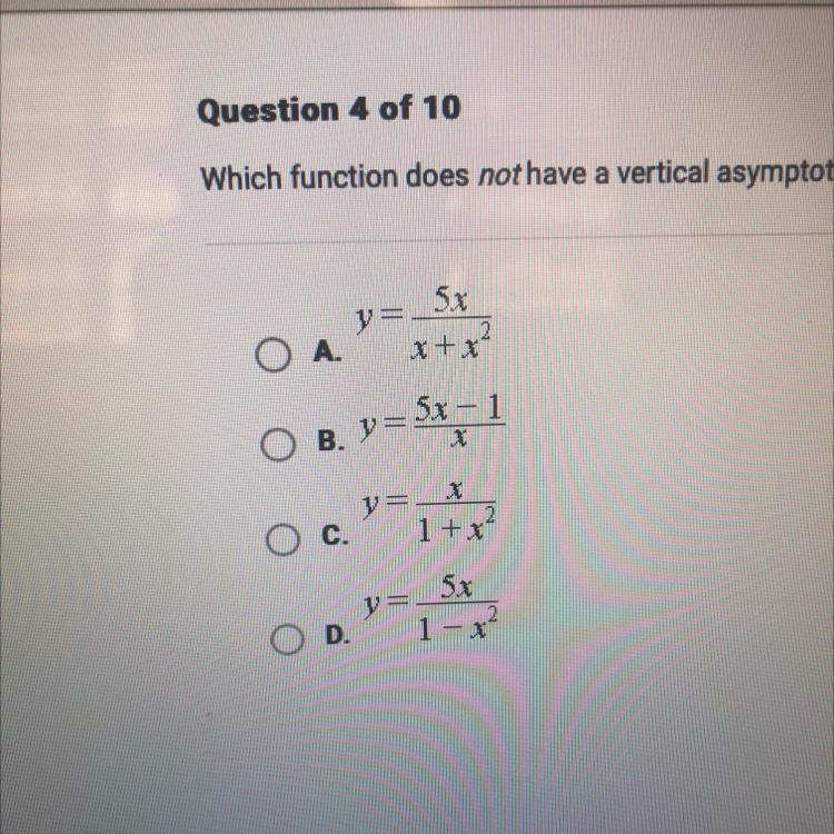 Which function does not have a vertical asymptote-example-1