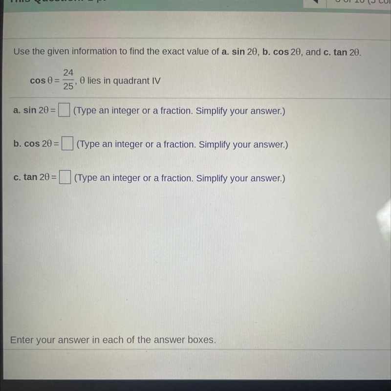 Use the given information to find the exact value of a.sin 20, b.cos-example-1