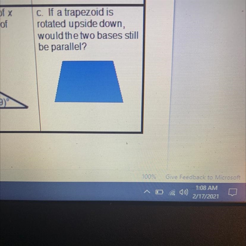 C. If a trapezoid is rotated upside down, would the two bases still be parallel?-example-1