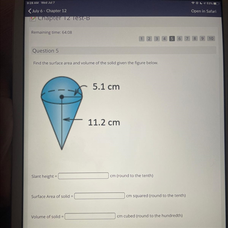 Find the surface area and volume of the solid given the figure below-example-1