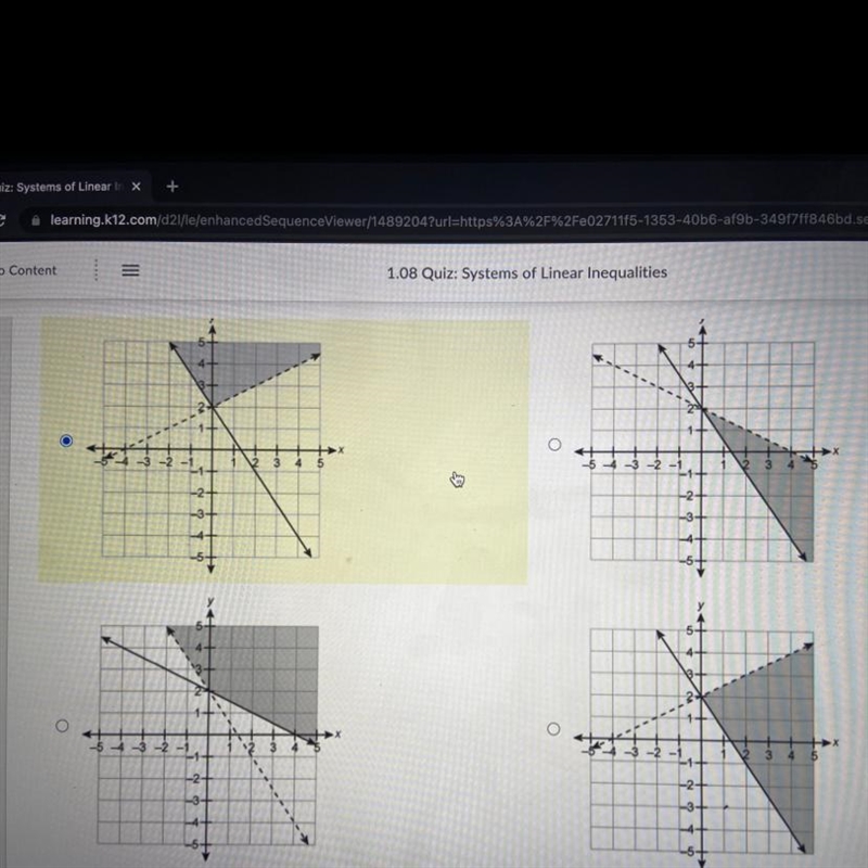 Please help !! which graph represents the solution set to the system of inequalities-example-1