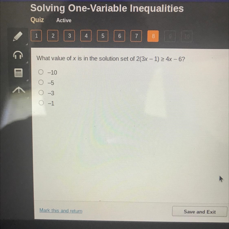 What value of x is in the solution set of 2(3x - 1) > 4x - 6?-example-1