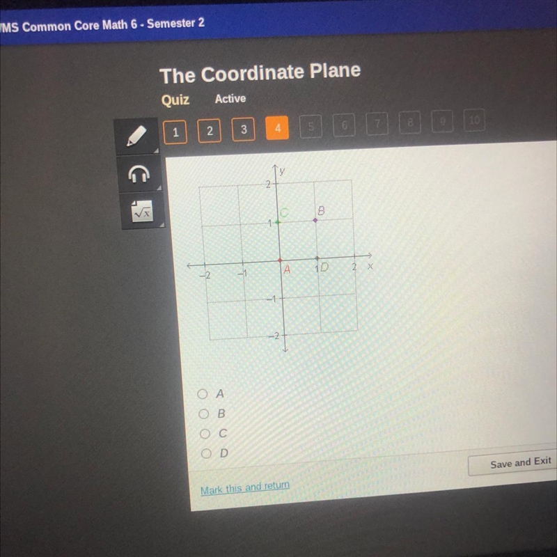 Which point is located at the origin? 2 B 14 10 1 A B C D-example-1