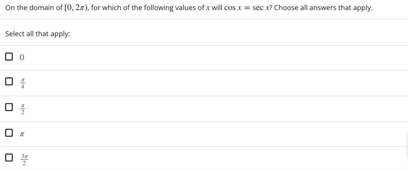 On the domain of [0,2π), for which of the following values of x will cosx=secx? Choose-example-1