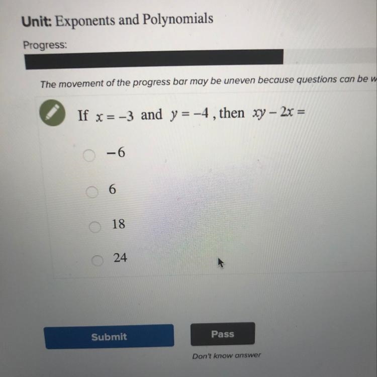 If x= -3 and y=-4, then xy – 2x=-example-1